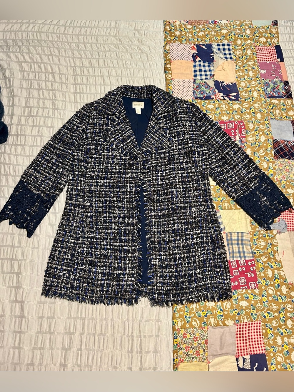 Chico's Navy and White Tweed Fringe-Trim Jacket